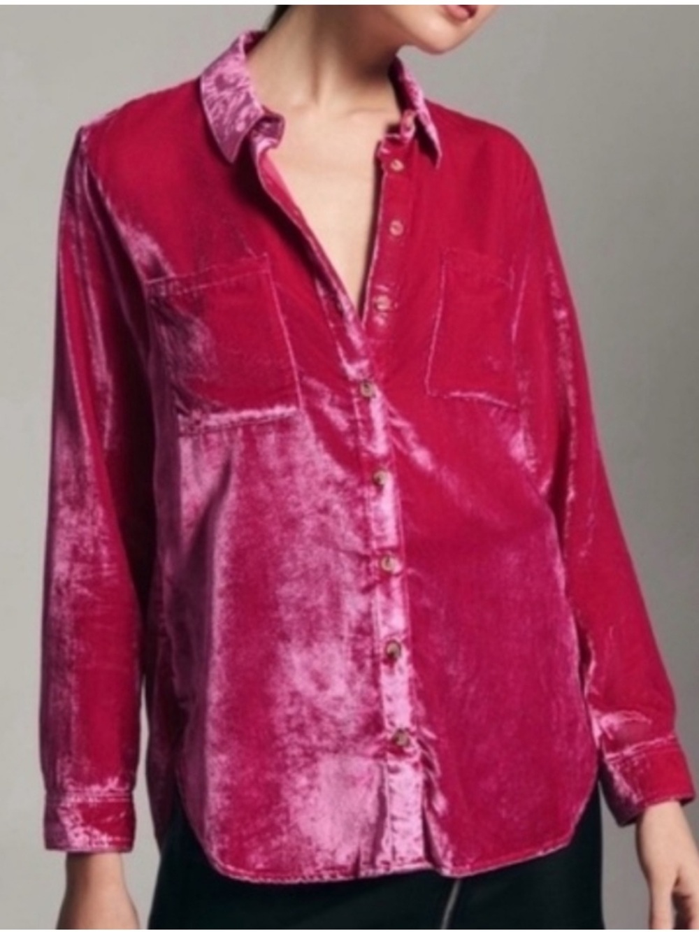 Pilcro Anthropologie Hadley Velvet Button Up Shirt Pink Relaxed Blouse Sz 6 Boho